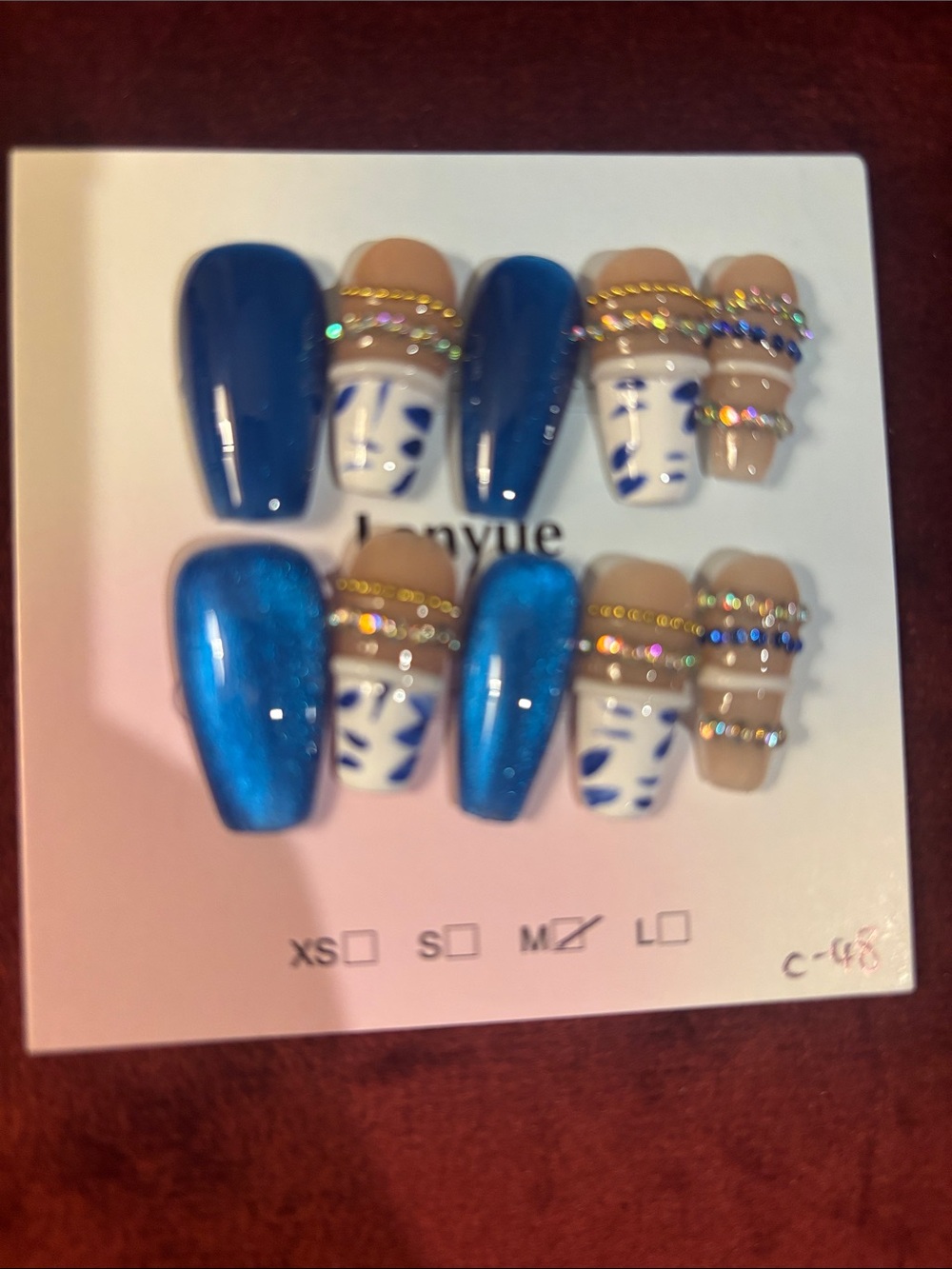 Handcrafted Blue and Nude Rhinestone Press-On Nail Set